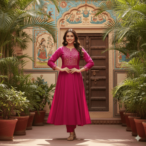 Embroidered Flowing Kurti with Trousers