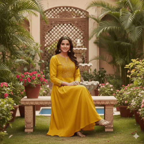 Embroidered Flowing Kurti with Trousers